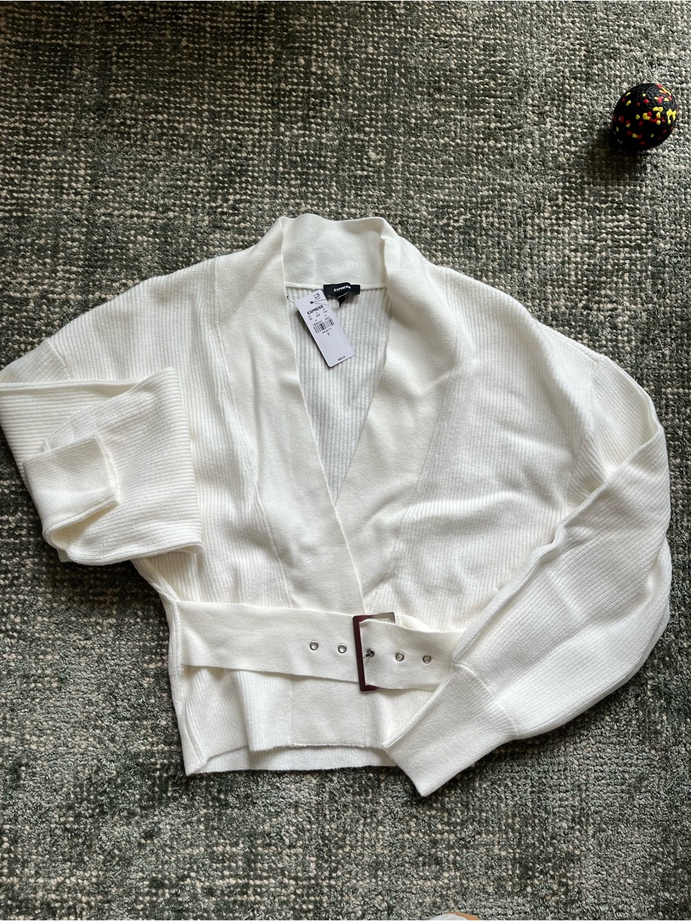 Express Cream Cropped Knit Cardigan with Belt